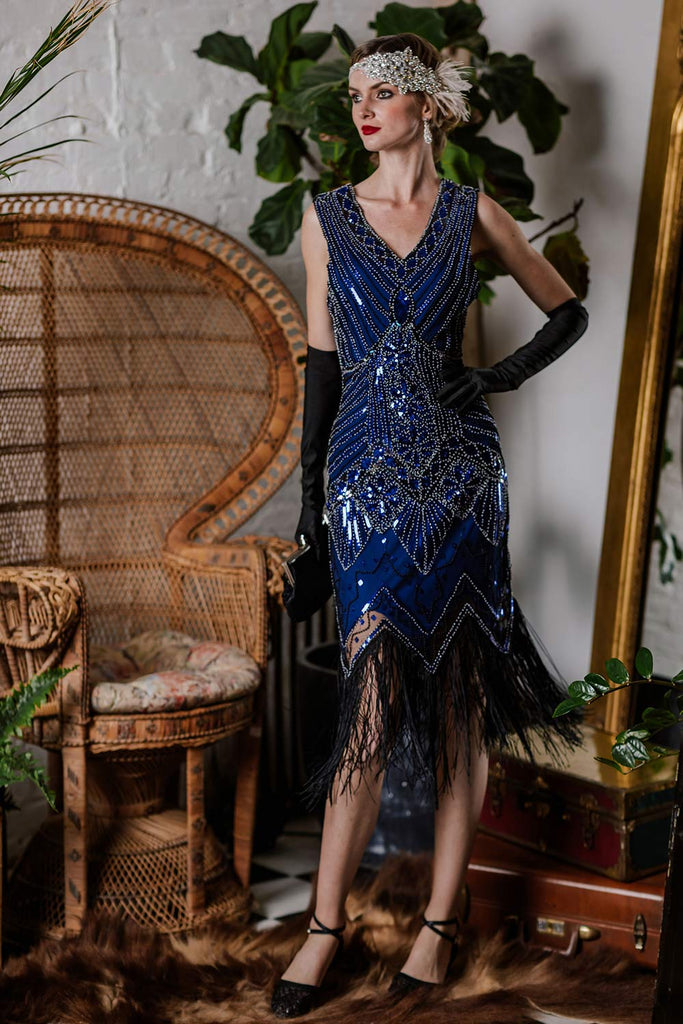 [US Warehouse] Blue 1920s Beaded Fringed Flapper Dresses