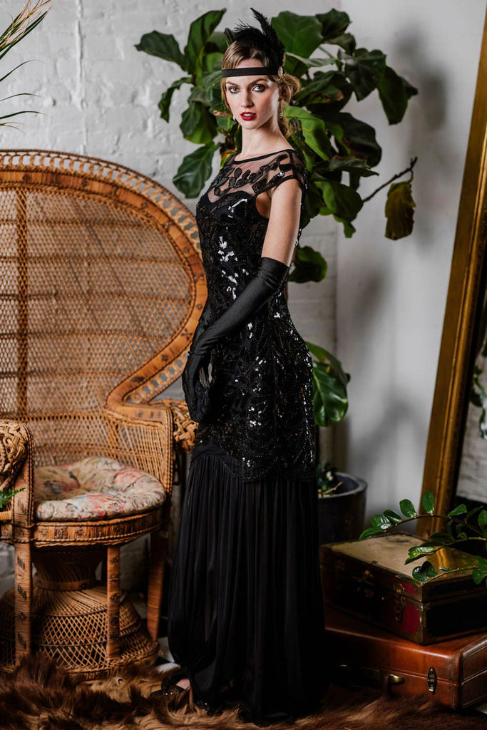 [US Warehouse] Black 1920s Sequin Maxi Flapper Dress & 5PCS Accessories