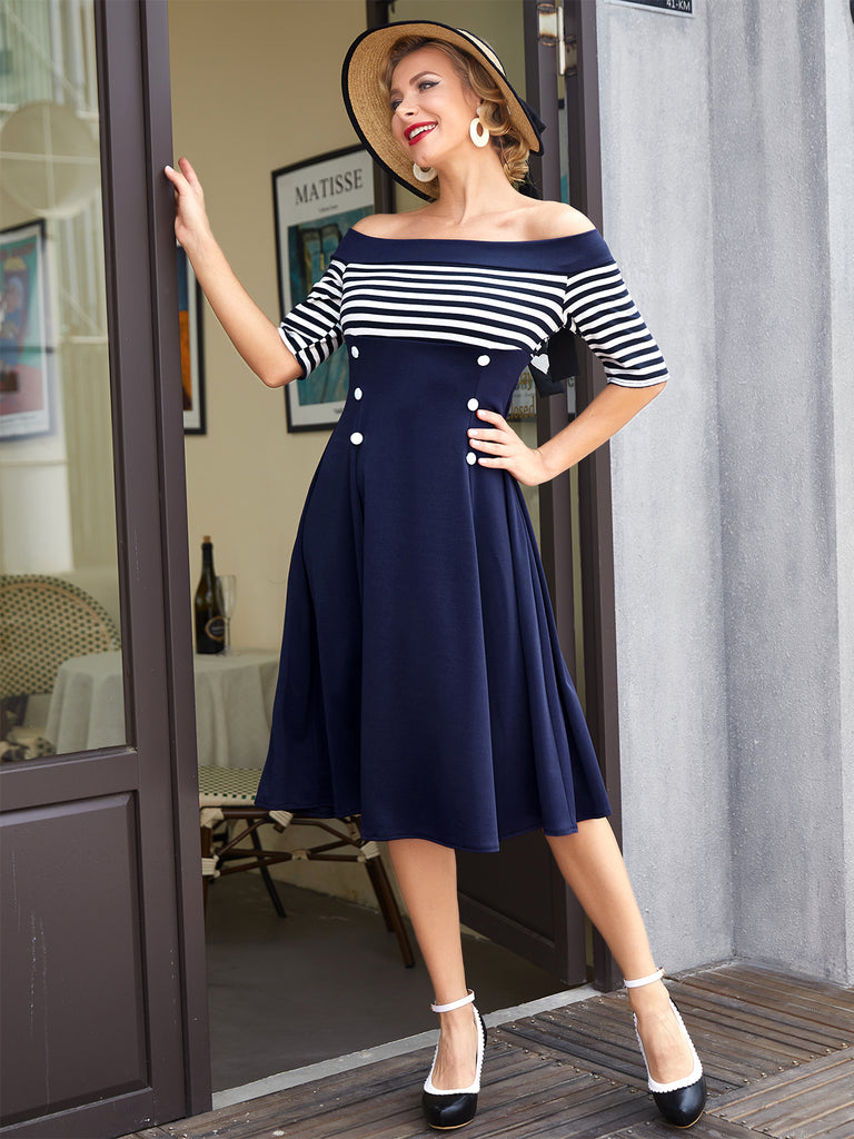 Navy 1950s Off Shoulder Swing Dress