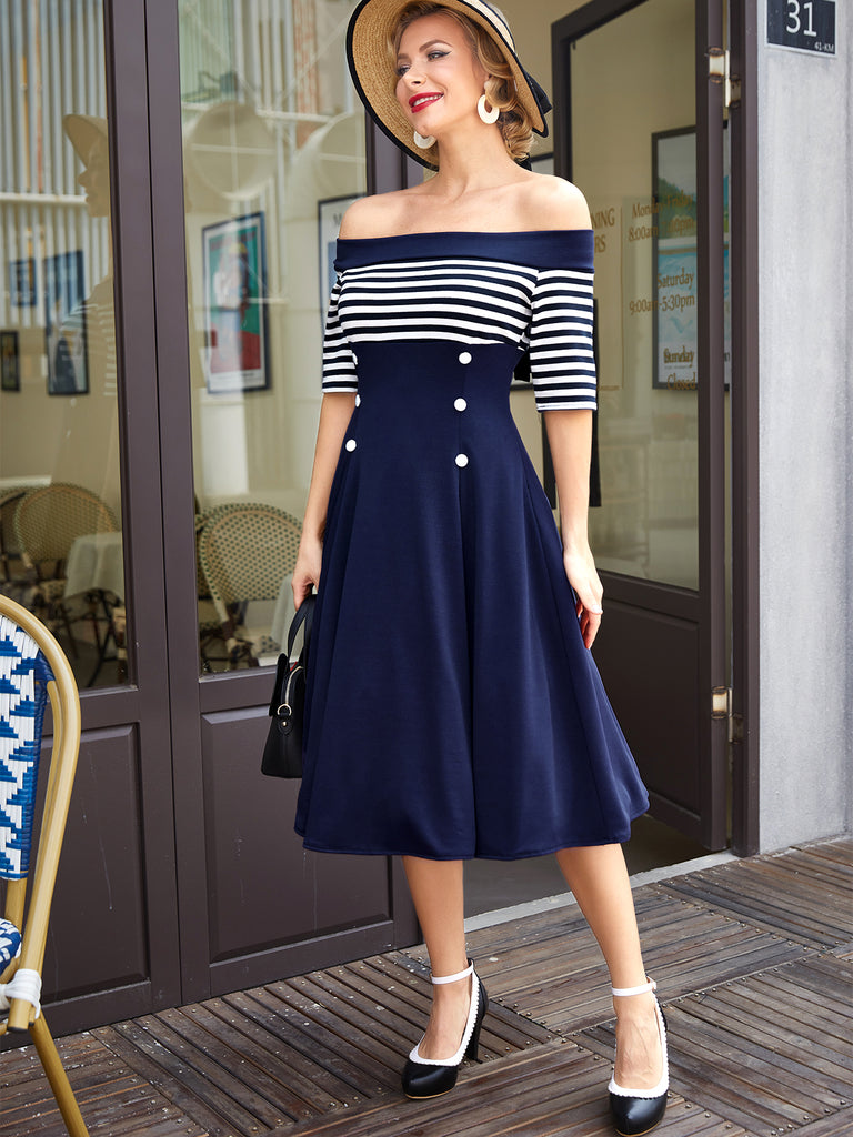 Navy 1950s Off Shoulder Swing Dress