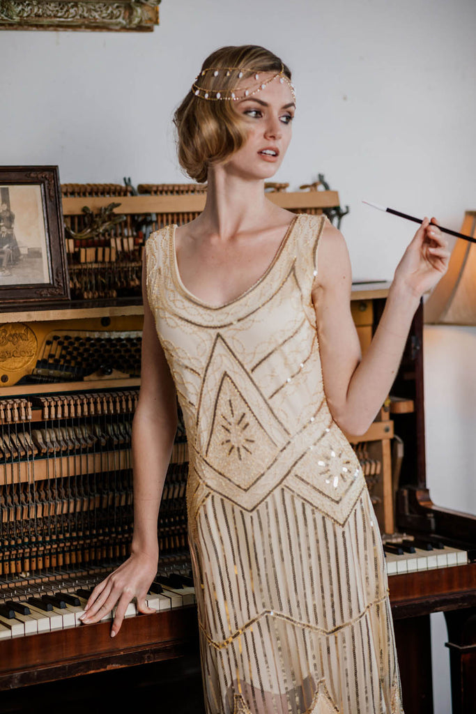 Apricot 1920s Beaded Sequin  Flapper Dress: timeless style reimagined