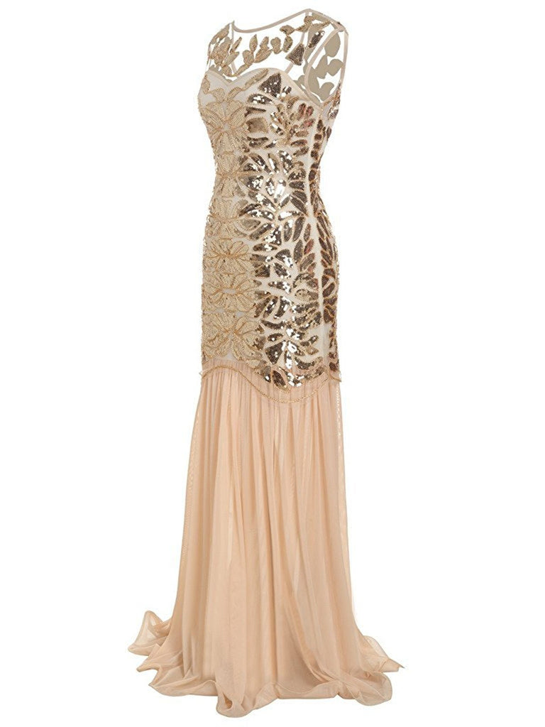 Apricot 1920s Sequin Maxi Flapper Dress, classic 1920s style elegant retro fashion - Image 3