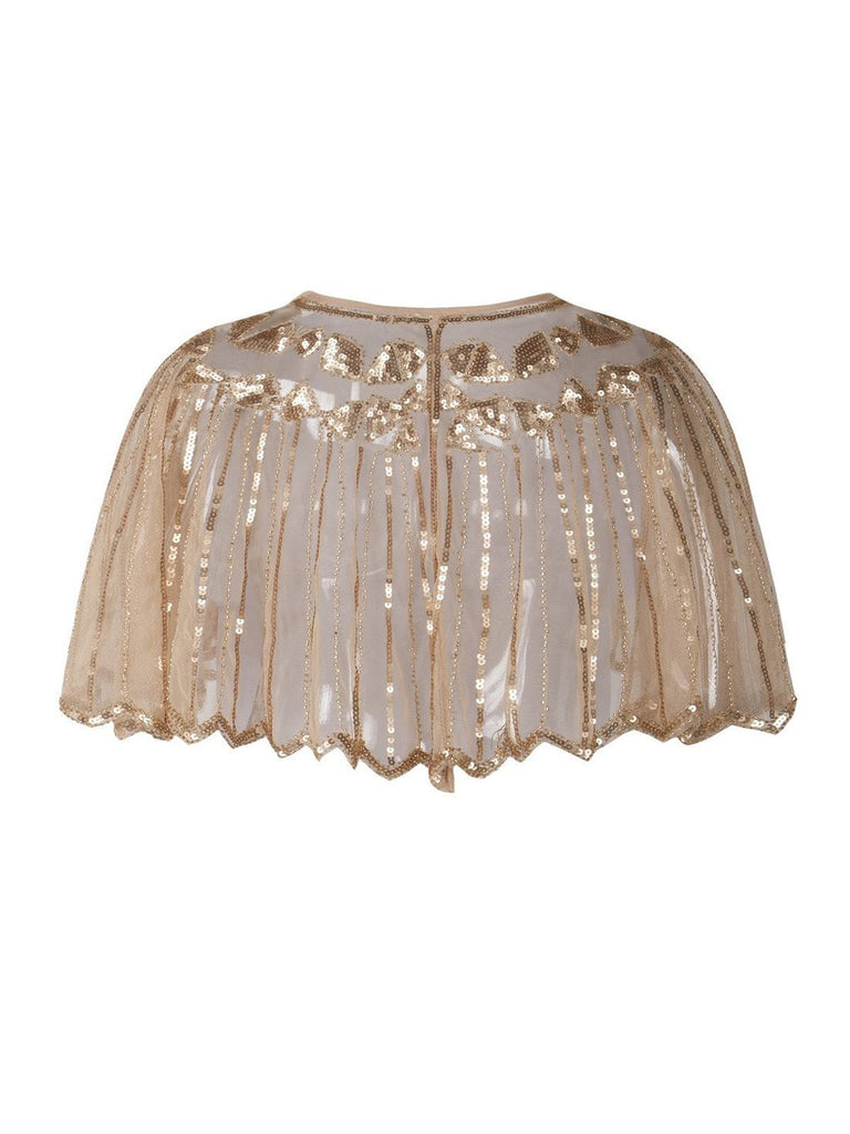 Apricot 1920s Shawl Beaded Sequin Cape, classic 1920s style elegant retro fashion - Image 3