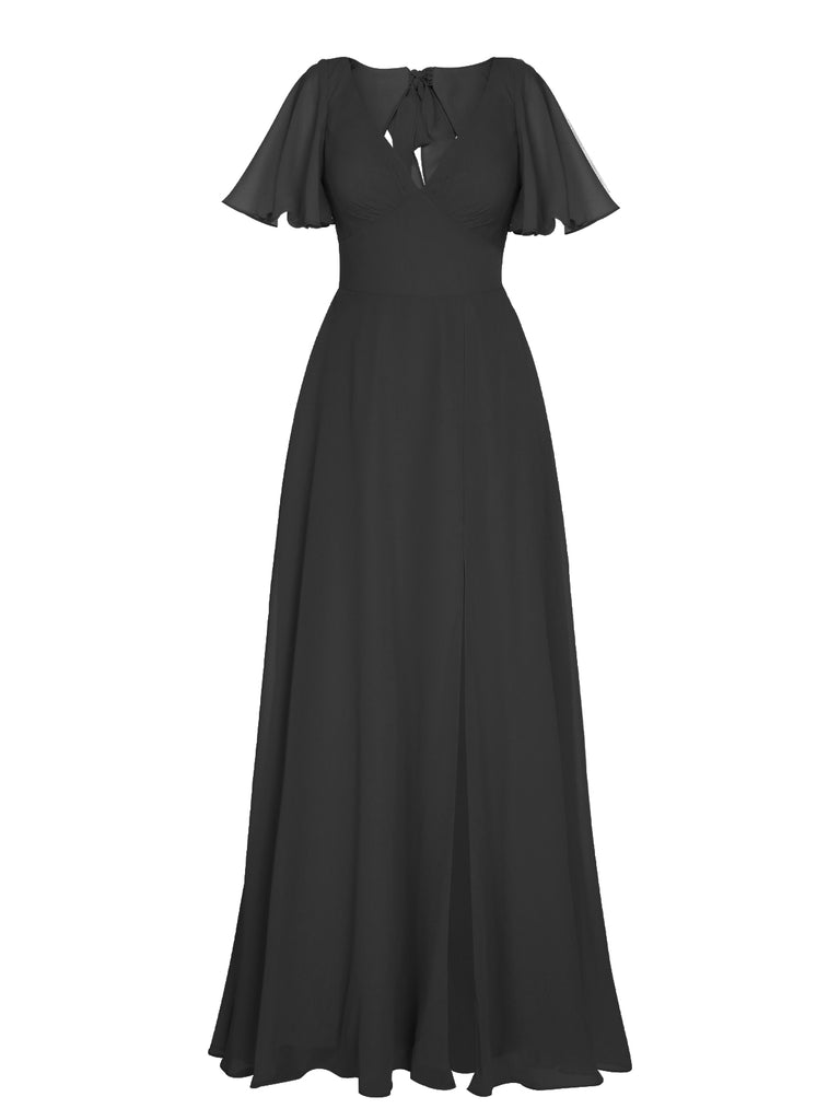 1950s Chiffon V-Neck Solid Vintage Dress