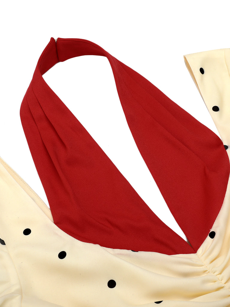 Beige 1930s Polka Dot Rose Patchwork Dress: timeless style reimagined