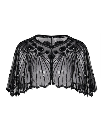 Black 1920s Shawl Beaded Sequin Flapper Cape - vintage fashion, retro style, classic black
