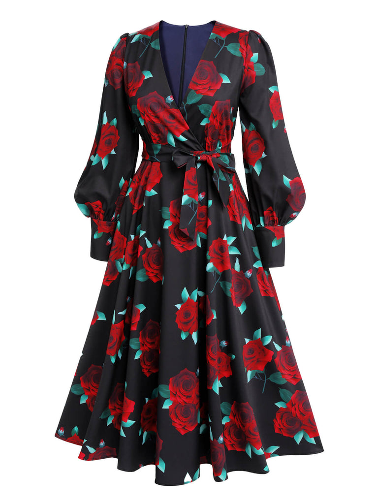 Black 1940s Rose Lantern Sleeve Lace-Up Dress, vintage dress, retro fashion, lace detail - perfect for women who love vintage and retro fashion