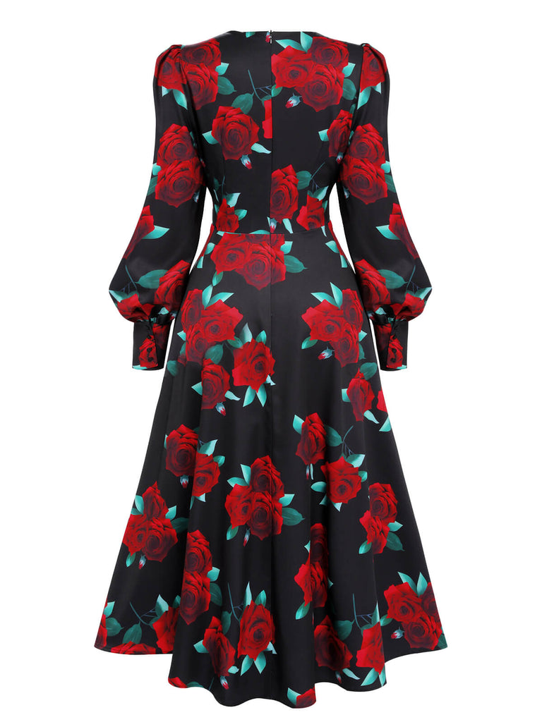 Black 1940s Rose Lantern Sleeve Lace-Up Dress, vintage dress, retro fashion, lace detail - perfect for women who love vintage and retro fashion