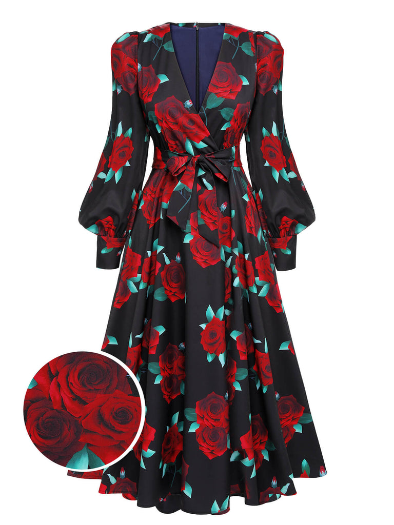 Black 1940s Rose Lantern Sleeved Lace-Up Dress — vintage elegance for the modern woman