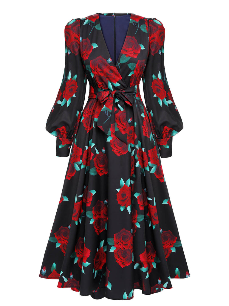 Black 1940s Rose Lantern Sleeved Lace-Up Dress: timeless style reimagined