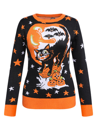 Black 1950s Funny Halloween Cat Sweater: timeless style reimagined