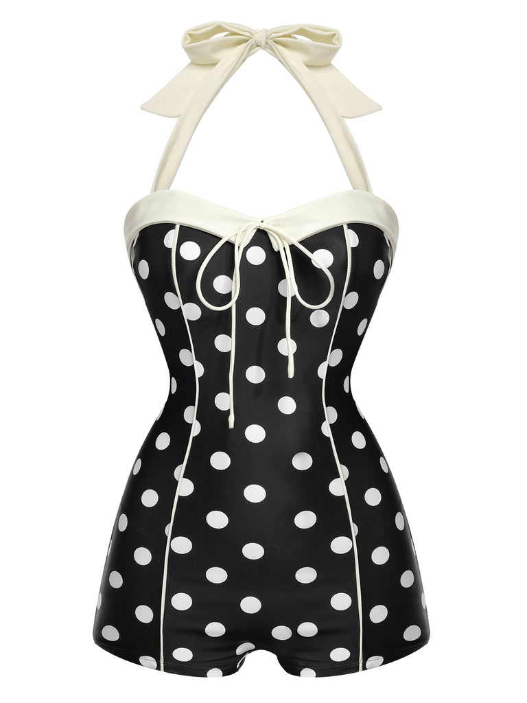 Back view: 1950s Black 1950s Polka Dots Halter Swimsuit, perfect for vintage themed parties and retro fashion enthusiasts