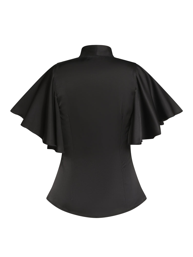 Black 1950s Solid Ruffled-Sleeve Blouse, vintage top, retro blouse - perfect for women who love vintage and retro fashion