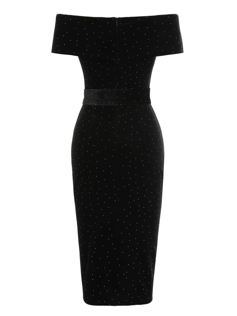 Black 1960s Off-Shoulder Rhinestones Velvet Dress, vintage dress, retro fashion - perfect for women who love vintage and retro fashion
