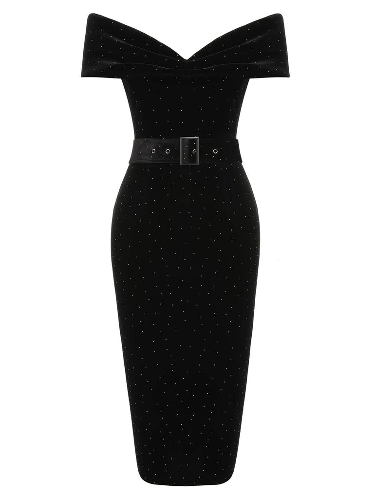 Black 1960s Off-Shoulder Rhinestones Velvet Dress, vintage dress, retro fashion - perfect for women who love vintage and retro fashion