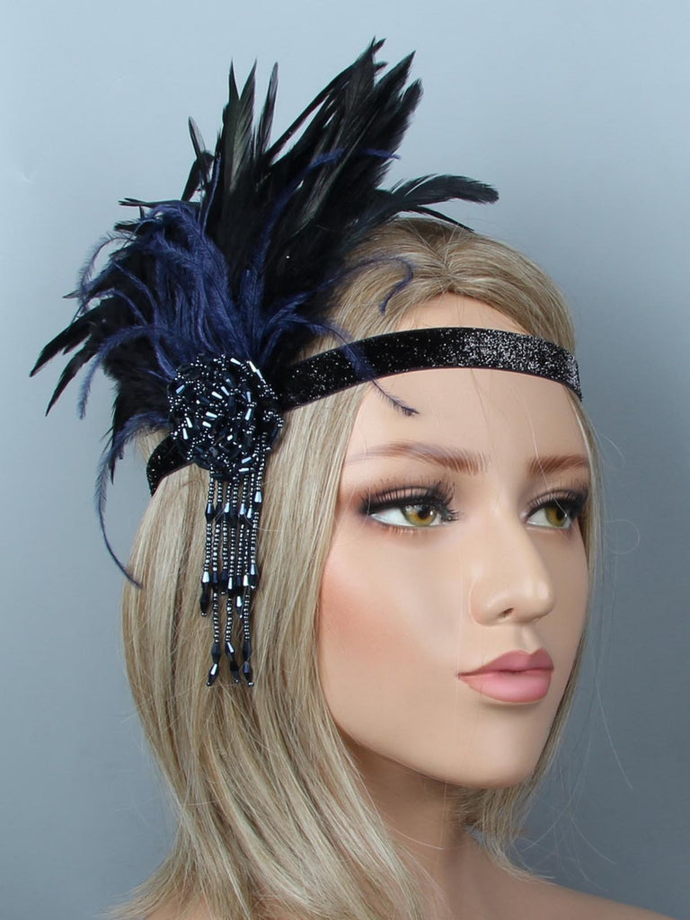 She wears Black Blue 1920s Feather Headband with vintage grace