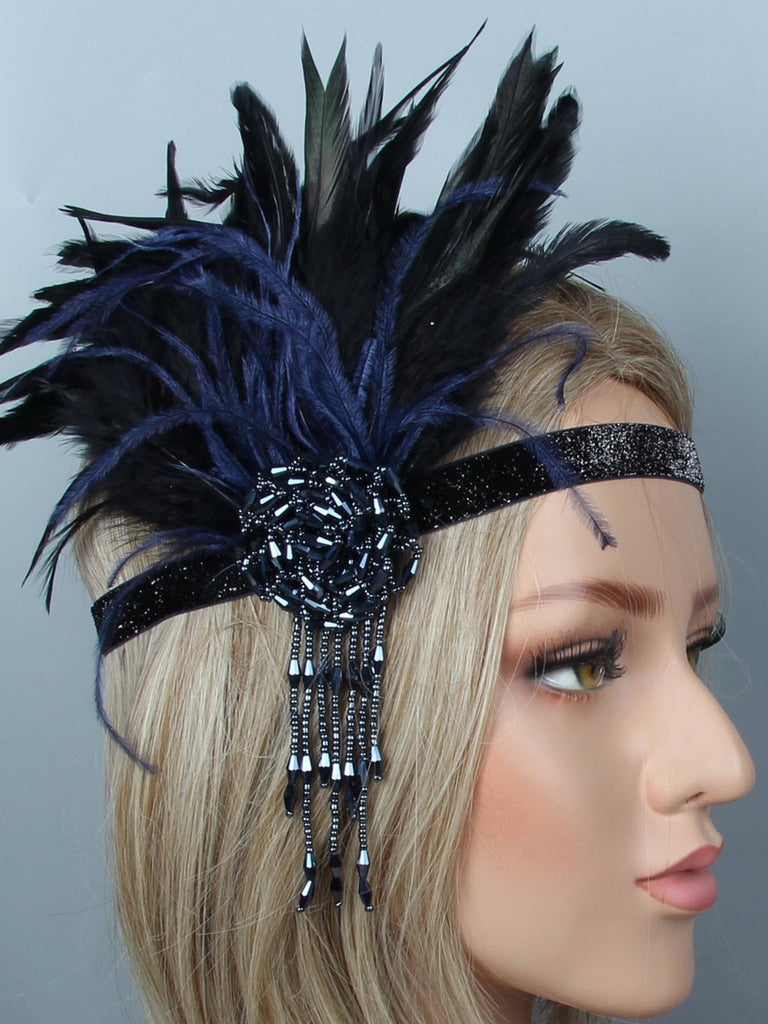 Black Blue 1920s Feather Headband — classic beauty whispers stories