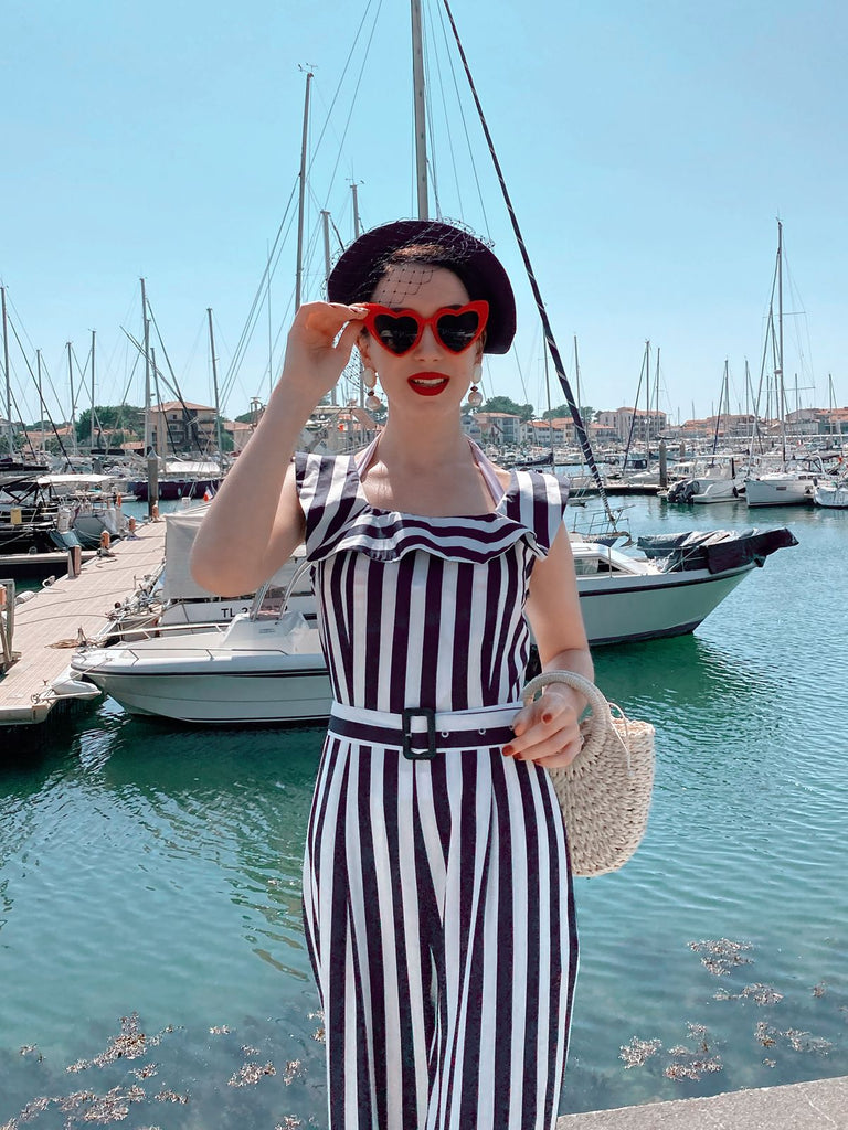 Blue 1930s Striped Ruffle Jumpsuit: timeless style reimagined