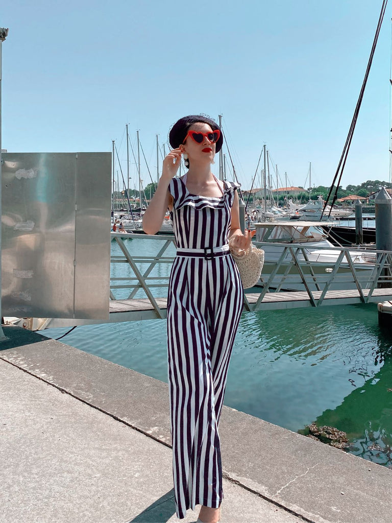 Blue 1930s Striped Ruffle Jumpsuit: timeless style reimagined