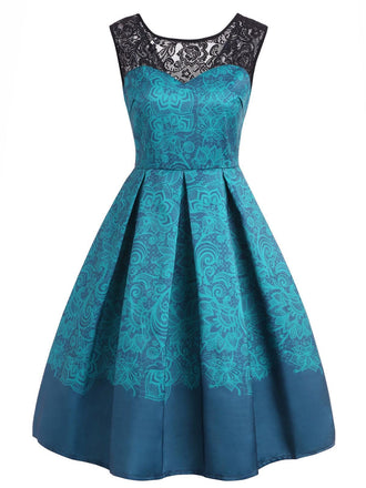 She wears Blue 1950s Floral Sweetheart Swing Dress with 1950s grace