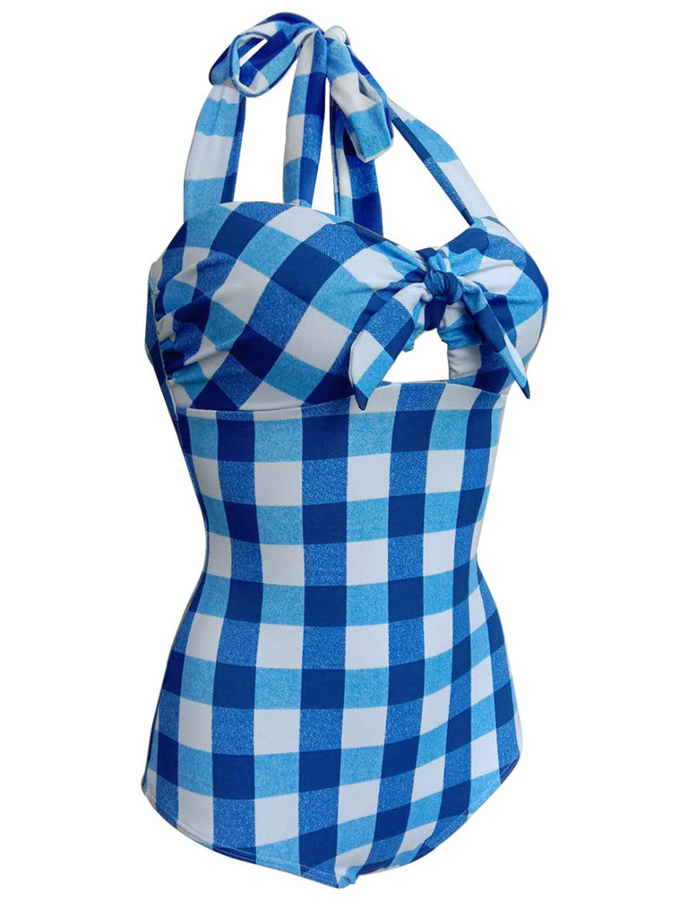 Blue 1950s Plaid Halter One-Piece Swimsuit — vintage elegance for the modern woman