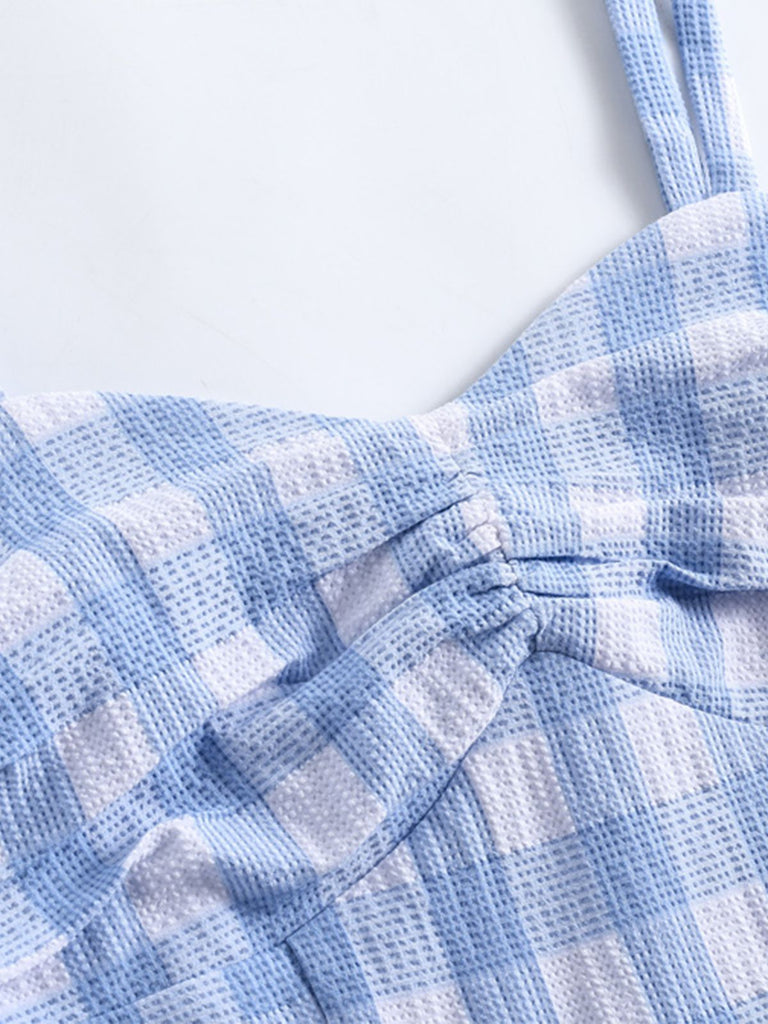 Blue 1950s Spaghetti Strap Plaid Dress: timeless style reimagined