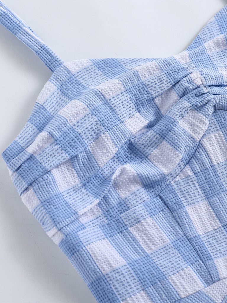 Blue 1950s Spaghetti Strap Plaid Dress — vintage elegance for the modern woman