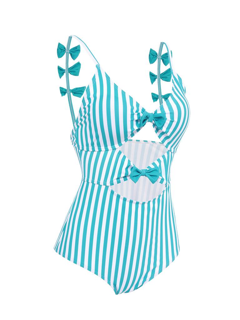 Blue 1960s Stripe Strap Bow One-Piece Swimsuit — vintage elegance for the modern woman
