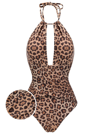 Brown 1930s Leopard V-Neck Halter Swimsuit, vintage swimsuit, pin-up swimwear - perfect for women who love vintage and retro fashion