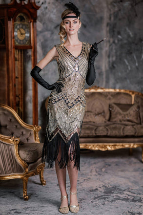 [US Warehouse] Champagne 1920s Sequined Flapper Dress