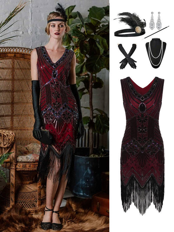 2PCS Wine Red 1920s Dress & Accessories Set