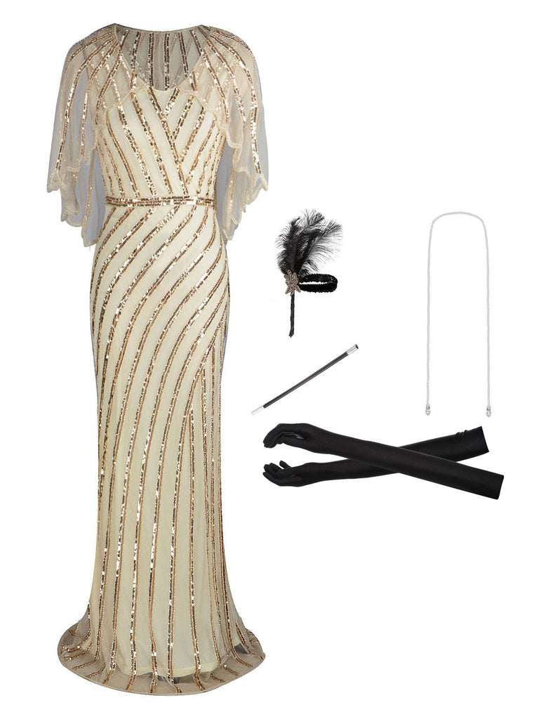 2PCS Sequined Cape 1920s Dress & Accessories Set