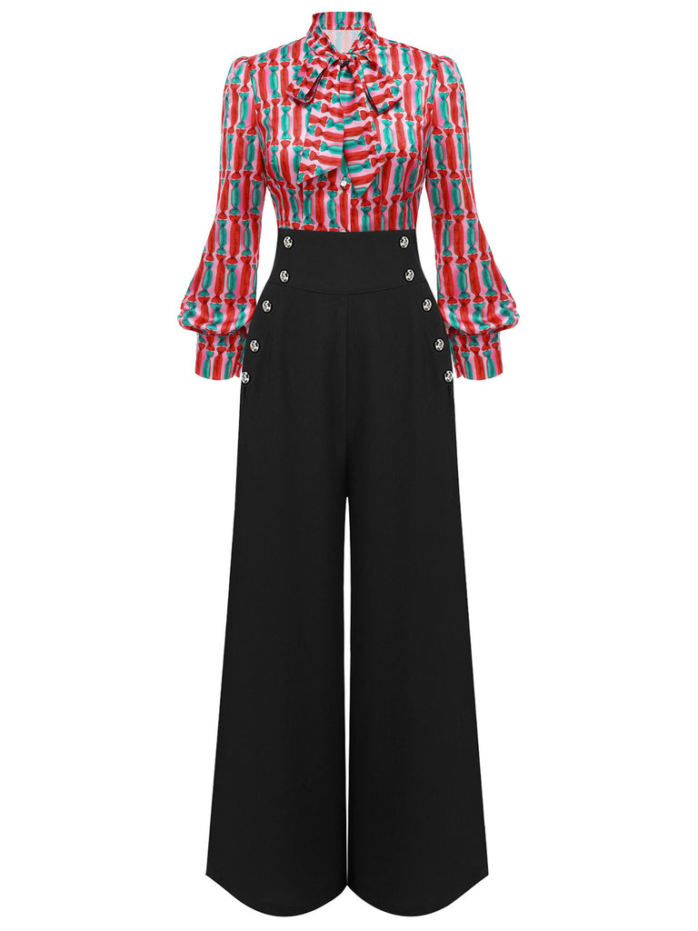 2PCS 1950s Candy Tie-Up Blouse & Black Suspender Pants