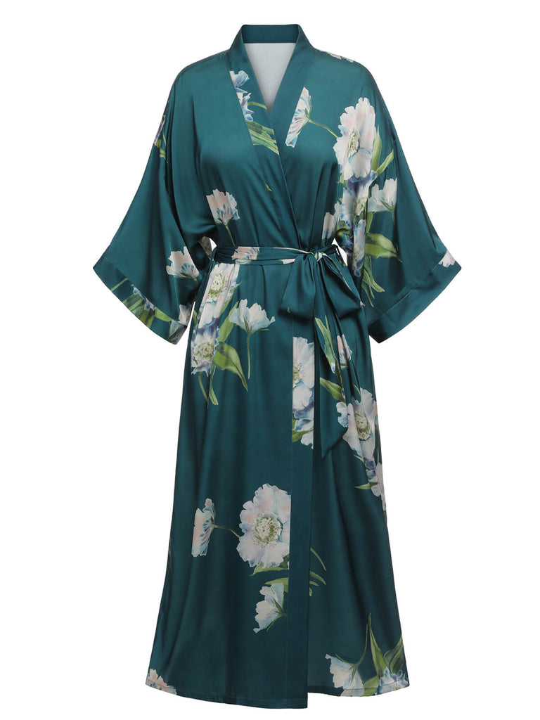 Dark Green 1950s Floral Satin Robe - vintage fashion, retro style