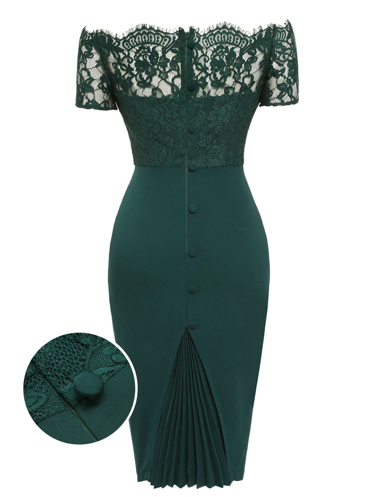 Dark Green 1960s Lace Off-shoulder Dress: timeless style reimagined