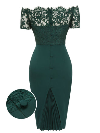 Dark Green 1960s Lace Off-shoulder Dress: timeless style reimagined