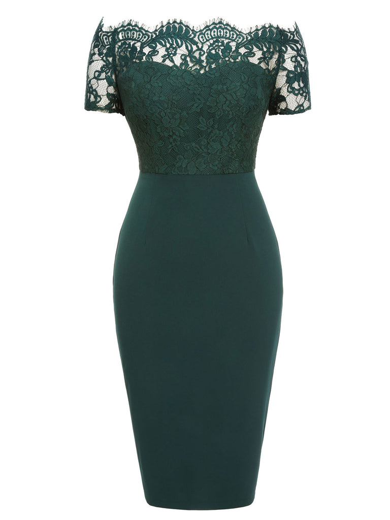 Dark Green 1960s Lace Off-shoulder Dress — vintage elegance for the modern woman