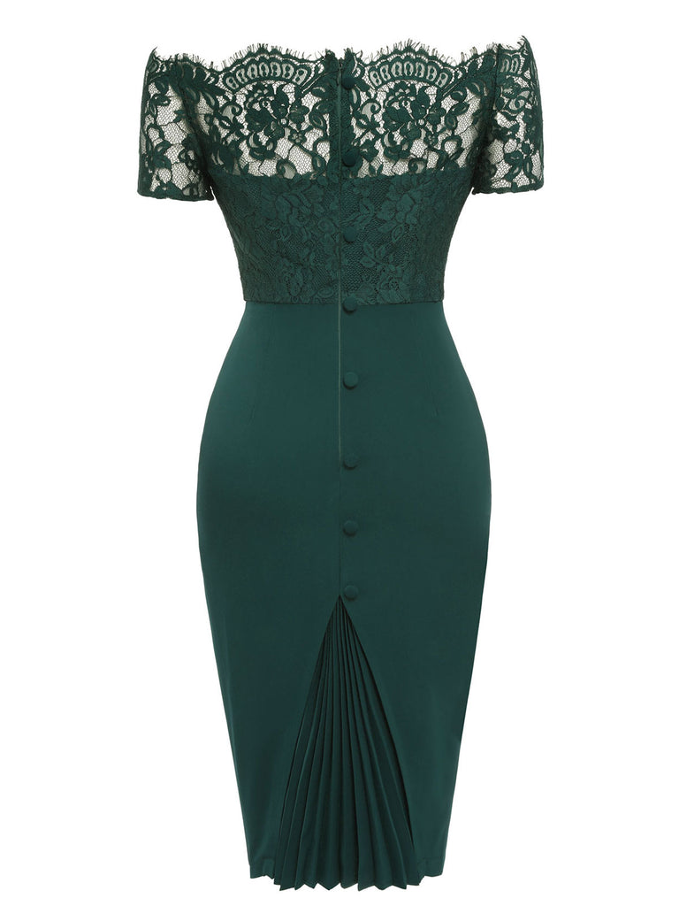 Dark Green 1960s Lace Off-shoulder Dress: timeless style reimagined