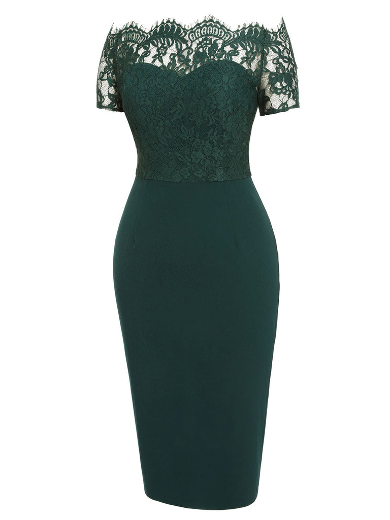 Dark Green 1960s Lace Off-shoulder Dress — vintage elegance for the modern woman