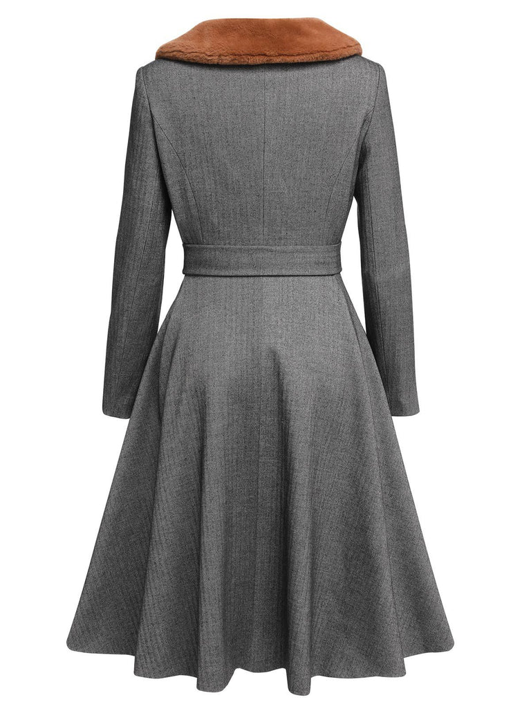 Gray 1930s Faux Fur Lapel Collar Coat - vintage fashion, retro style