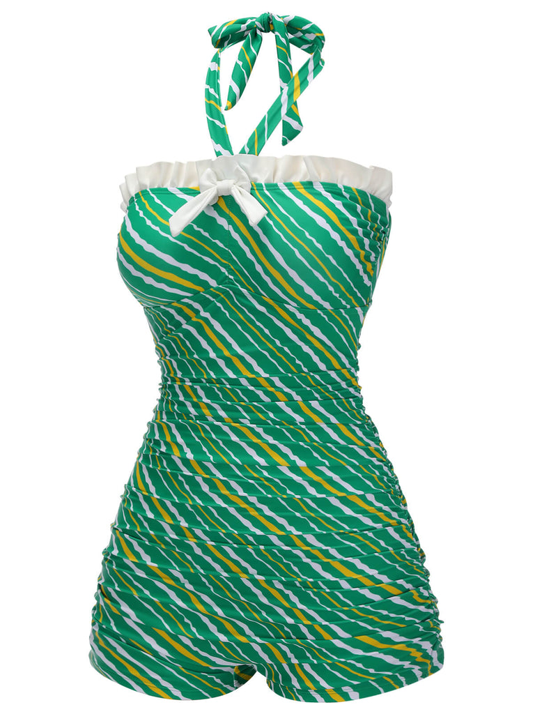 Green 1930s Stripe Off-Shoulder Halter Swimsuit, vintage swimsuit, pin-up swimwear - perfect for women who love vintage and retro fashion