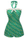 Green 1930s Stripe Off-Shoulder Halter Swimsuit, vintage swimsuit, pin-up swimwear - perfect for women who love vintage and retro fashion