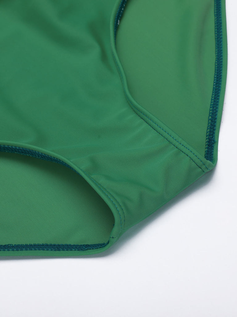 Close-up 2: Green 1950s Floral Halter Lace-up Bikini Set, vintage swimwear with yellow floral print top and ruched high-waisted bottom