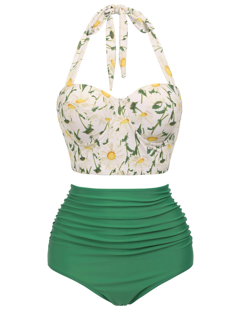 Front view: Green 1950s Floral Halter Lace-up Bikini Set, vintage swimwear with yellow floral print top and ruched high-waisted bottom