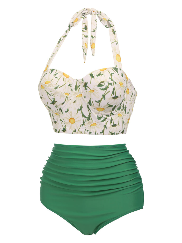 Side view: Green 1950s Floral Halter Lace-up Bikini Set, vintage swimwear with yellow floral print top and ruched high-waisted bottom