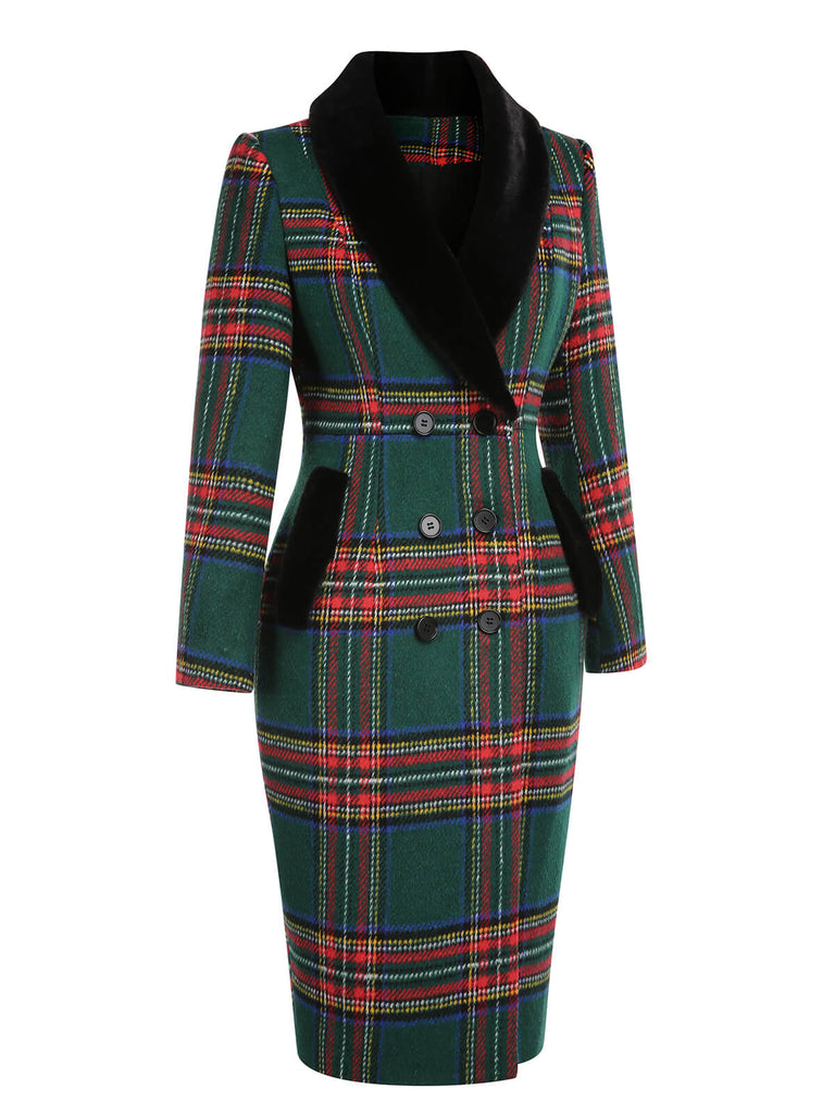 Green 1960s Plaid Fur Collar Pencil Coat - vintage fashion, retro style