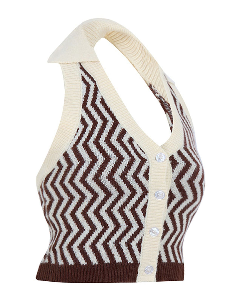 Khaki 1950s Knitting Stripes Halter Button Tops - vintage fashion, retro style