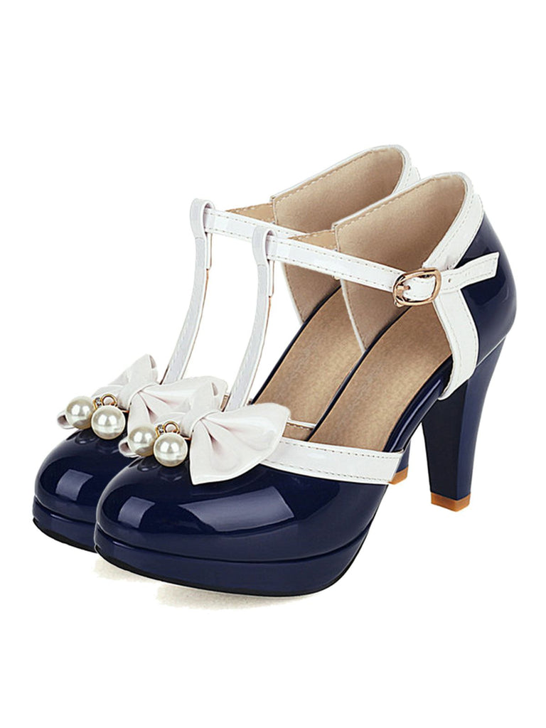 Retro T-Strap Bow High Heel Shoes