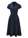 Navy 1940s Button Tea Dress, classic 1940s style elegant retro fashion - Image 1