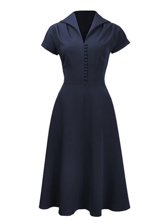 Navy 1940s Button Tea Dress, classic vintage style elegant retro fashion